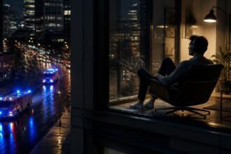 Illustration of a young man listening to music with headphones on. He looks disengaged even as firetrucks below him whizz by with sirens on.