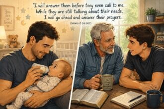 Split image of a father feeding his baby son a botte - and the same father/son many years later sharing at a table with a bible. AI Generated Sketch