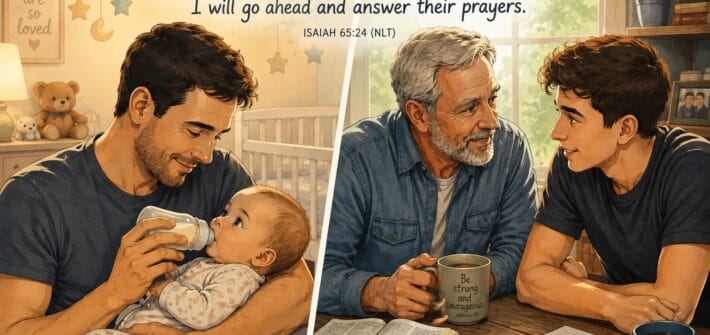 Split image of a father feeding his baby son a botte - and the same father/son many years later sharing at a table with a bible. AI Generated Sketch