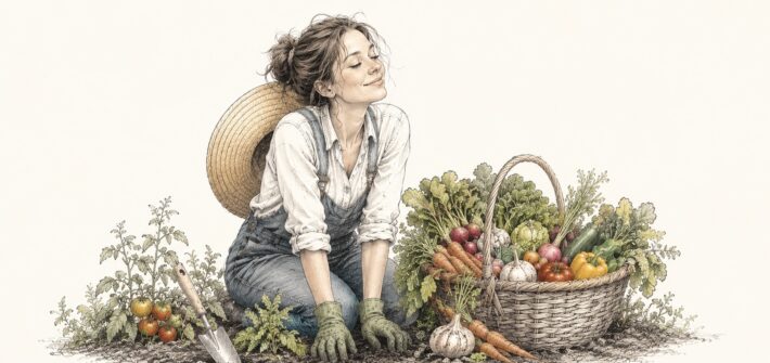 Sketch of a woman smiling as she rests on her knees in her garden, surrounded by baskets of fresh produce just harvested.