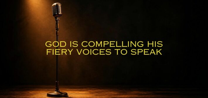 An empty stage with just an old fashioned microphone on a stand.The stage is dark with only a spotlight oh the microphone. Text overlay. God is compelling His fiery voices to speak. AI assisted image