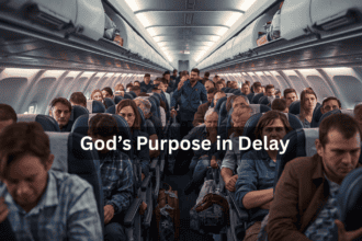 Image of the interior of a crowded plane where most people are seated. A few stragglers are trying to find their seat. Text Overlay "God's Purpose in Delay