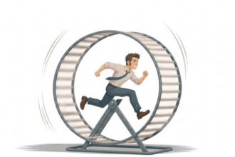 Sketch of a man running in a giant hamster wheel. He is exhausted.