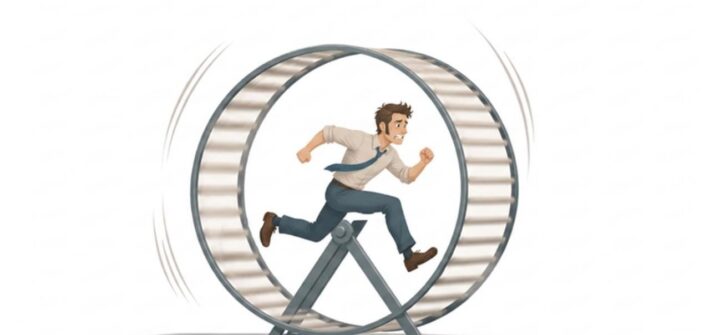 Sketch of a man running in a giant hamster wheel. He is exhausted.