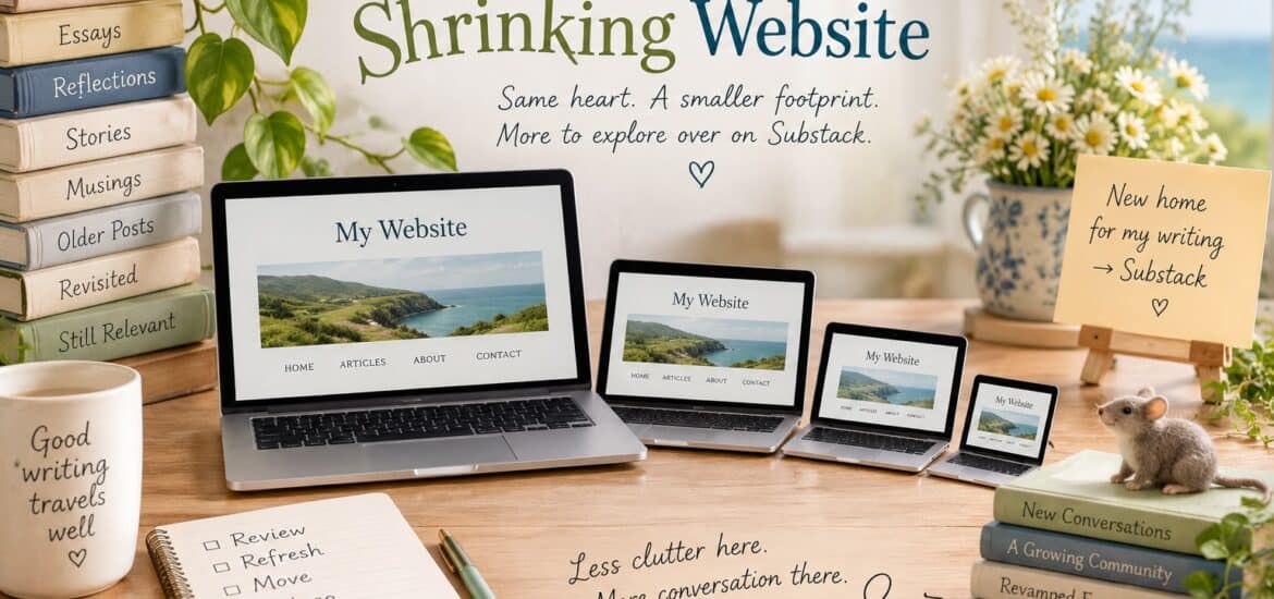 AI generated image of laptops, Ipads and small smartphones getting smaller and smaller as the line up in a row. Text overlay. The Incredible Shrinking Webaite