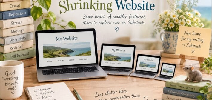 AI generated image of laptops, Ipads and small smartphones getting smaller and smaller as the line up in a row. Text overlay. The Incredible Shrinking Webaite