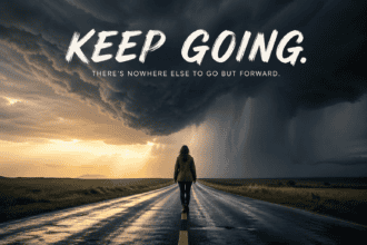 Backview of a woman walking down the centre of a highway toward an impending storm.