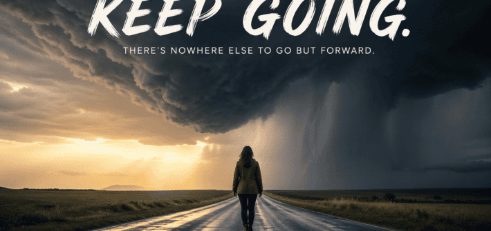 Backview of a woman walking down the centre of a highway toward an impending storm.