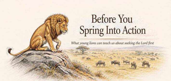 Light sketch of a young lion, looking a little scruffy, looking down on wildebeast in a valley. Text Overlay : Before You Spring into Action: What young lions can teach us about seeking the Lord first