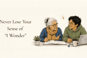 An older woman and a young man, dressed casually, sitting at a table, notepad at hand, laptop on table, they are both curious and both actively listening. Sketch Illustration.