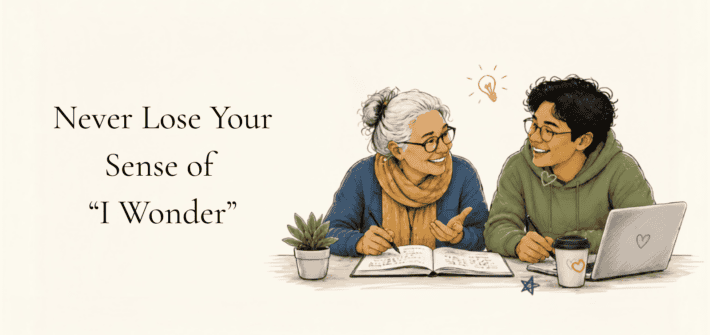 An older woman and a young man, dressed casually, sitting at a table, notepad at hand, laptop on table, they are both curious and both actively listening. Sketch Illustration.