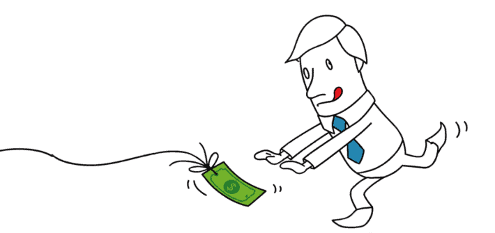 Simple cartoonn sketch of a man chasing money that is attached by a string being pulled by someone off screen. T