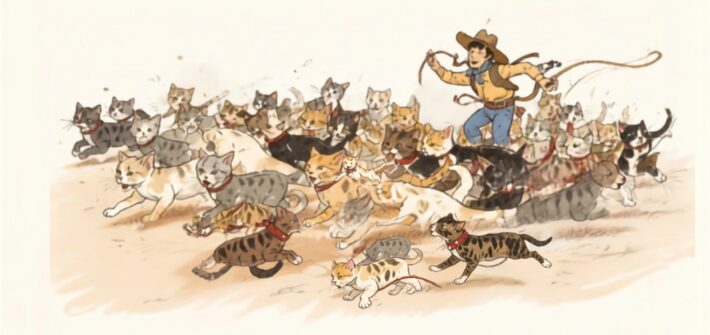 Humourous sketch of a cowboy trying to lasso dozens of kittens and cats on an open prairie plain.