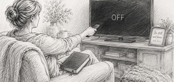 black and white sketch of a woman turning off her TV. A bible sits on the arm of her comfortable chair.