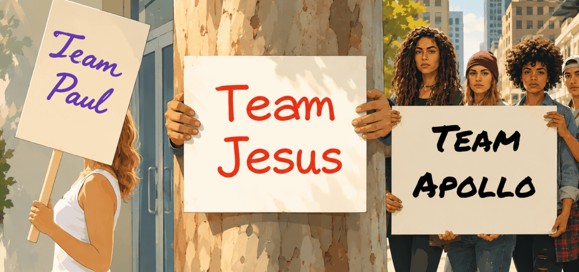 Illustration of people holding three different signs at a rally. Team Paul Team Apollo and Team Jesus in the centre of the others