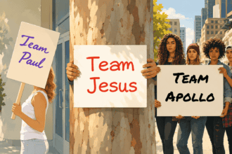 Illustration of people holding three different signs at a rally. Team Paul Team Apollo and Team Jesus in the centre of the others