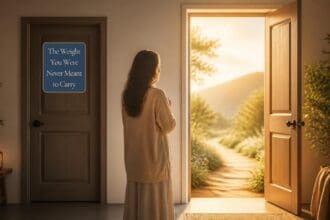 A illustration of a woman looking toward an open door out to a sunlight path. Another door is closed within the room she is in and it has a sign on it. Text overlay on door The Weight You Were Never Meant to Carry Canva generated