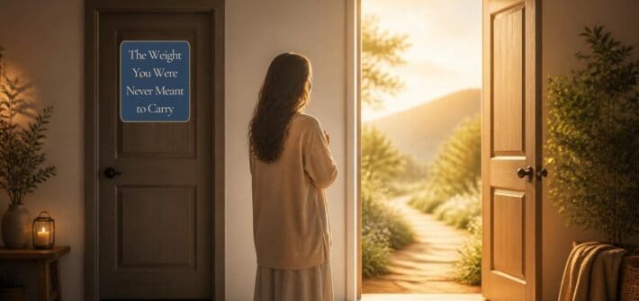A illustration of a woman looking toward an open door out to a sunlight path. Another door is closed within the room she is in and it has a sign on it. Text overlay on door The Weight You Were Never Meant to Carry Canva generated
