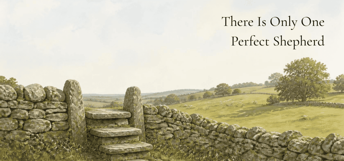 Pastoral coloured sketch of an old stone fence with a stile made up of hand-hewn stones leading to a gentle sloped pasture. Text overlay: There is only one perfect shepherd AI-generated artwork, edited in Canva.