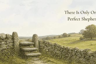 Pastoral coloured sketch of an old stone fence with a stile made up of hand-hewn stones leading to a gentle sloped pasture. Text overlay: There is only one perfect shepherd AI-generated artwork, edited in Canva.