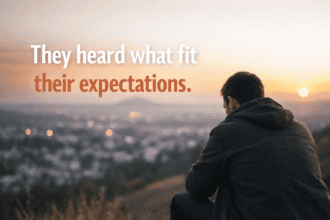 A young man in deep thought overlooking a city at sunset with the words: They heard what fit their expectations