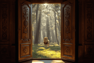 AI image of a lion beckoning you into a soft sunlit meadow, through wardrobe doors. Is God safe? Follow Him and see.
