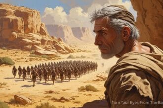 Turn your eyes from the battle and look to the Lord -an older man looking away from troops marching far below him in a rocky desert landscape,