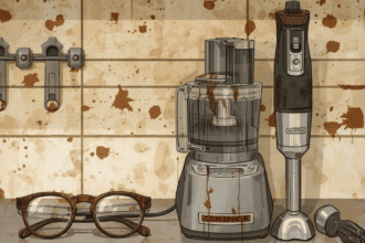 A messy kitchen counter with an old food processor, immersion blender, and a dirty pair of glasses.