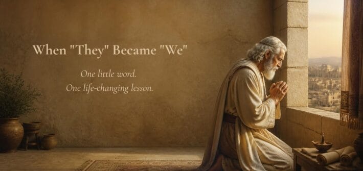 Light brown and beige toned background, AI created illustration of Daniel in his senior years, praying before an open window. Text overlay. When They Became We: One little word. One life-changing lesson.