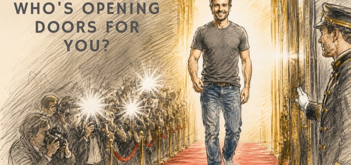 A sketch of a young man in an old t-shirt and worn jeans, walking through a door held open by a door man. Paparazzi are flashing pictures. He has the air of just being an every day Joe, not an A-Lister. Text overlay. Who's Opening Doors For You