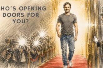 A sketch of a young man in an old t-shirt and worn jeans, walking through a door held open by a door man. Paparazzi are flashing pictures. He has the air of just being an every day Joe, not an A-Lister. Text overlay. Who's Opening Doors For You