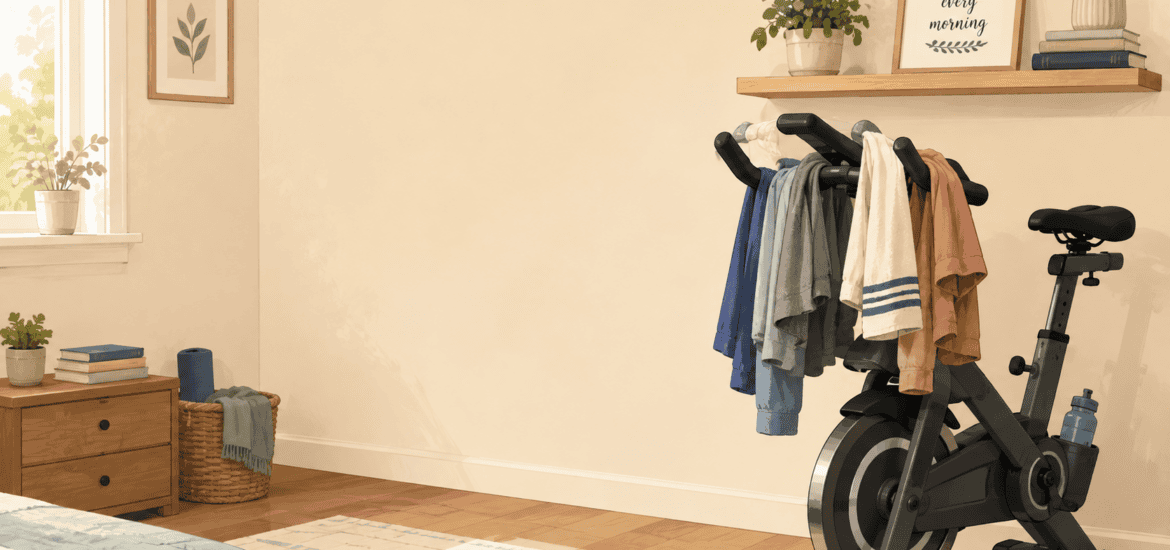 Illustation of a exercise bike covered with clothes sitting in a tidy sunlit bedroom. AI generated