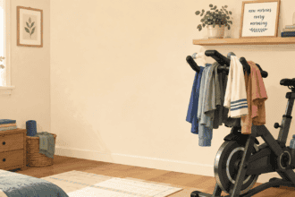 Illustation of a exercise bike covered with clothes sitting in a tidy sunlit bedroom. AI generated