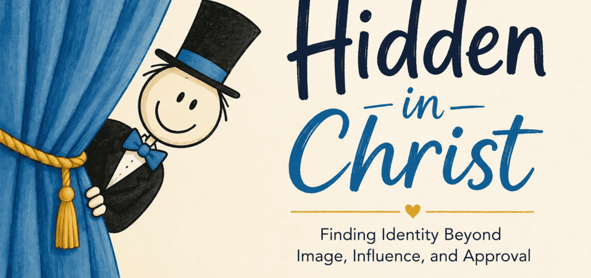 whimsical image of a stick figure wearimg a top hat, peeking from being a curtain. Text hidden in Christ Finding identity beyond approval, image and influence.
