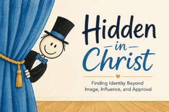 whimsical image of a stick figure wearimg a top hat, peeking from being a curtain. Text hidden in Christ Finding identity beyond approval, image and influence.