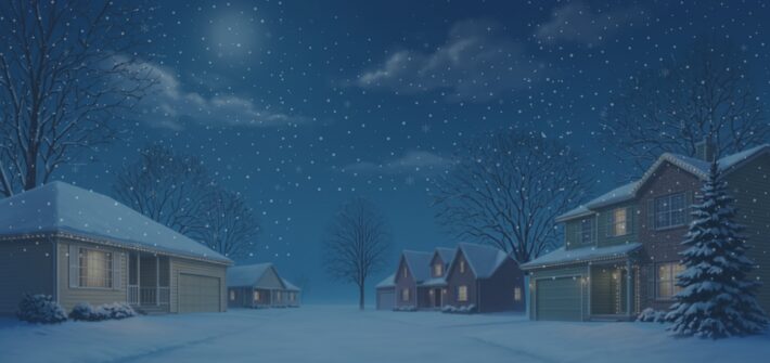 Illustration of a peaceful snowy night on a quiet residential street around Christmas