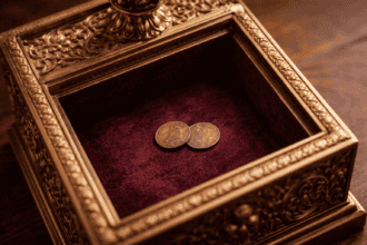 Two small coins in the bottom of an ornate wooden box that is lined in velvet