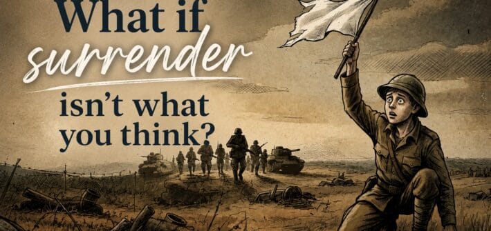 AI created illustration of a young soldier, barely out of his teens, waving a white flag of surrender in the middle of a battle field. Text overlay reads. What if Surrende isn't what you think?